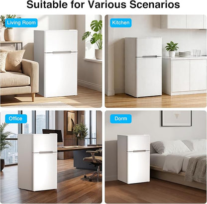 Kismile 2.5 Cu.Ft Mini Fridge with Freezer, Double Door Fridge, White | Reversible Door Compact Refrigerator with Mechanical Thermostat & Removable Shelves, Quiet for Bedroom Office
