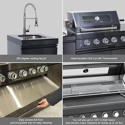 Outdoor Kitchen Island, 84.6 Inch 72000 BTU Propane Gas Grill Combination With Refrigerator and Sink, Outdoor Stainless Steel Barbecue Bar, Propane Grill, for Patios, Gardens, Parties