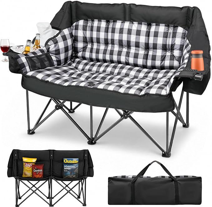 HOPERAN Double Camping Chair 800lbs Camping Couch Folding Loveseat, Black | 59" Wide Seat, 600D Fabric, Thickened Padding, Cooler Bag, Side&Rear Pocket, Cup&Wine Glass Holder, for Lawn Patio Beach