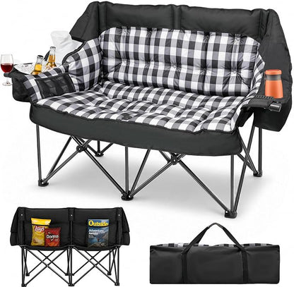 HOPERAN Double Camping Chair 800lbs Camping Couch Folding Loveseat, Black | 59" Wide Seat, 600D Fabric, Thickened Padding, Cooler Bag, Side&Rear Pocket, Cup&Wine Glass Holder, for Lawn Patio Beach