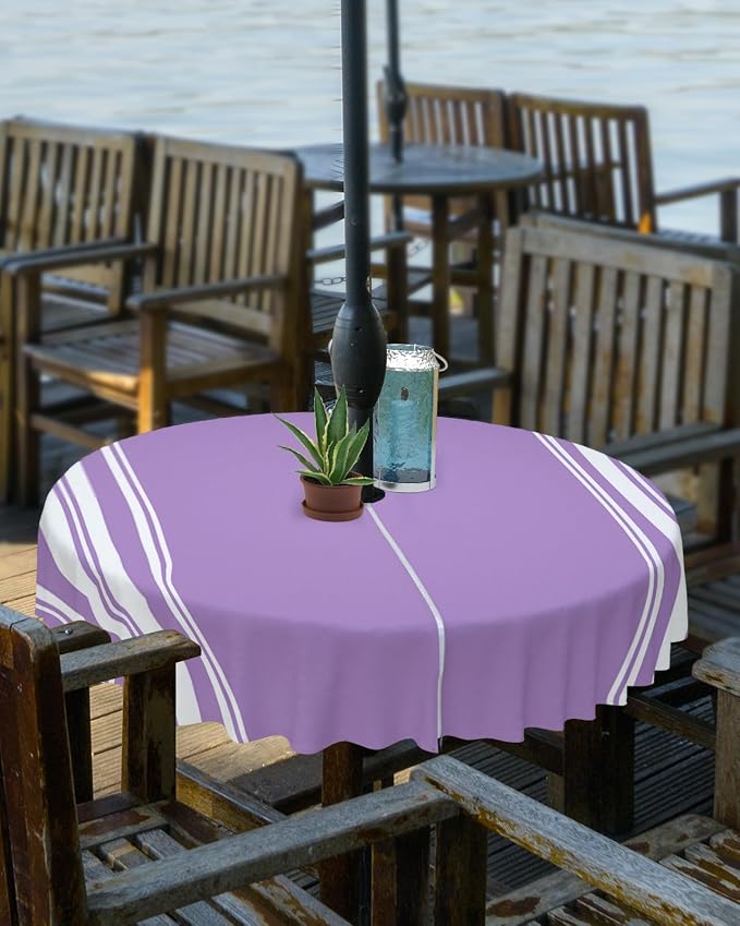 QueenKer Farmhouse Outdoor Tablecloth with Umbrella Hole, Purple White Stripe Round Tables Zippered Table Cloth Waterproof Tabletop Table Cover Collection for Patio, Garden, Picnic, Camping, Dining