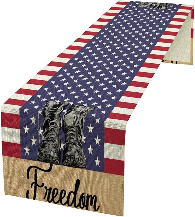 Stripes Stars Boots Freedom Memorial Day Patriotic 4th of July Table Runner, Independence Day Holiday Farmhouse Burlap Indoor Kitchen Dining Patriotic Independence Table Decor Home Party 13x120 Inch