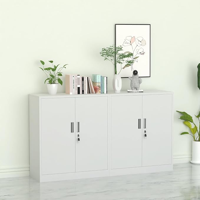 Metal Storage Cabinet with Locking Doors and 2 Adjustable Shelves, Small Lockable Steel Storage Cabinets for Home Office Garage Kitchen Pantry (White)