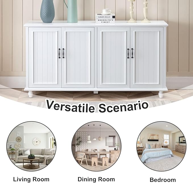 Scurrty 62'' Coffee Bar Cabinet Kitchen with Storage, Buffet Cabinet with Storage, Sideboard Buffet for Dinning Room, Kitchen & Living Room (4 Doors, White)