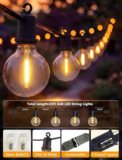 LED Outdoor String Lights, 25FT G40 IP65 Waterproof Patio Lights | 12+1 Shatterproof Bulbs, UL Certified, Plug-In, Connectable, Hanging Light for Backyard Porch Home Decor, Warm White