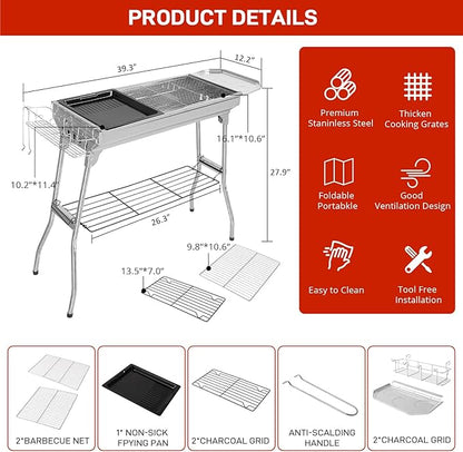 Karl home Portable Charcoal Grill, 39 x 12x 28" Foldable Barbecue Grill, Stainless Steel BBQ Grill for Cooking Outdoor Camping Garden Beach Party Hiking Picnic(Large)