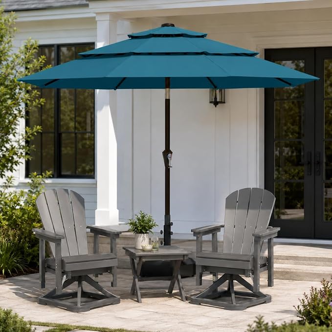 10ft Patio Umbrella, 3-Tier Vented Outdoor Table Umbrella with 8 Sturdy Fiberglass Ribs, Windproof Market Umbrella with Push Button Tilt and Crank, UV Protection for Deck, Pool, Lake Blue