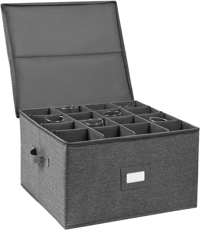 popoly Stemware Storage Cases, Wine Glass Storage Box Containers with Dividers for Glassware or Crystal, Holds 16 Red or White Wine Glasses, Hard Top and Stackable (Grey) | Glassware Storage Containers for Glassware or Crystal, Holds 16 Red or White Wi...
