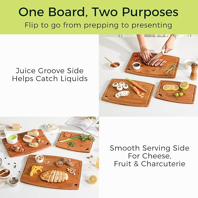 3-Piece Carbonized Bamboo Cutting Board Set with Wood Storage Stand, 15.4" Large Wooden Chopping Boards for Kitchen, Non Toxic Pre-Oiled Charcuterie Serving Tray, Kitchen Gifts