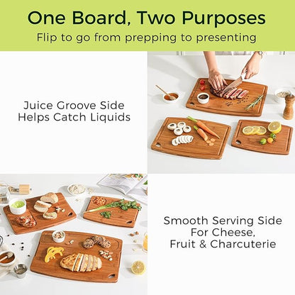 3-Piece Carbonized Bamboo Cutting Board Set with Wood Storage Stand, 15.4" Large Wooden Chopping Boards for Kitchen, Non Toxic Pre-Oiled Charcuterie Serving Tray, Kitchen Gifts