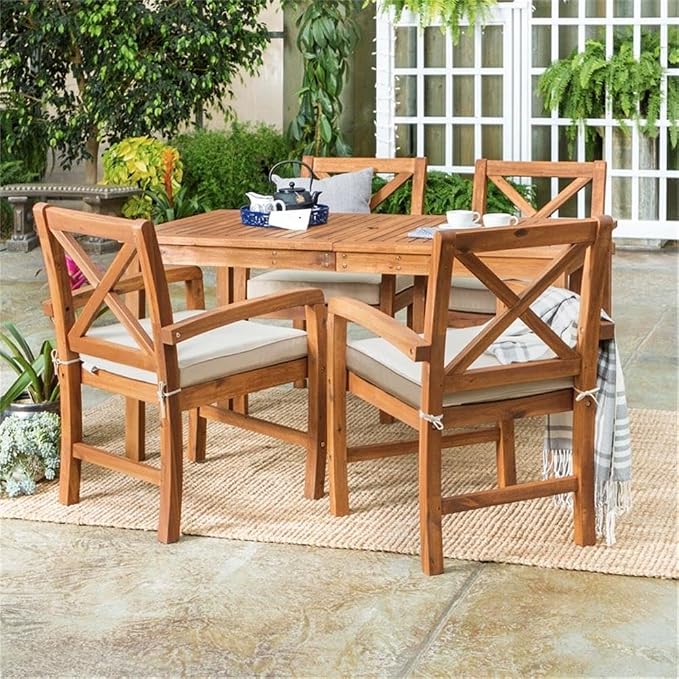 Walker Edison Delray Classic 5 Piece Acacia Wood Outdoor Dining Table and X-Back Chair Set with Cushions, Set of 5, Brown