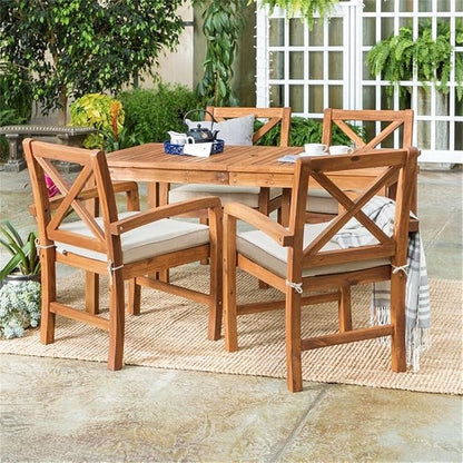 Walker Edison Delray Classic 5 Piece Acacia Wood Outdoor Dining Table and X-Back Chair Set with Cushions, Set of 5, Brown