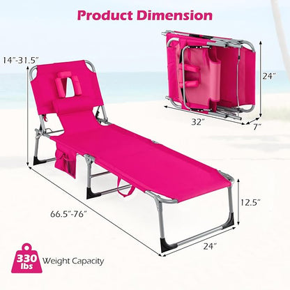 GYMAX Tanning Chair with Face Hole, Sun Bathing Lounge Chairs for Outside with Side Pocket, Folding Portable Face Down Layout Tanning Chair Beach, Backyard, Poolside, Lawn (Pink,1)