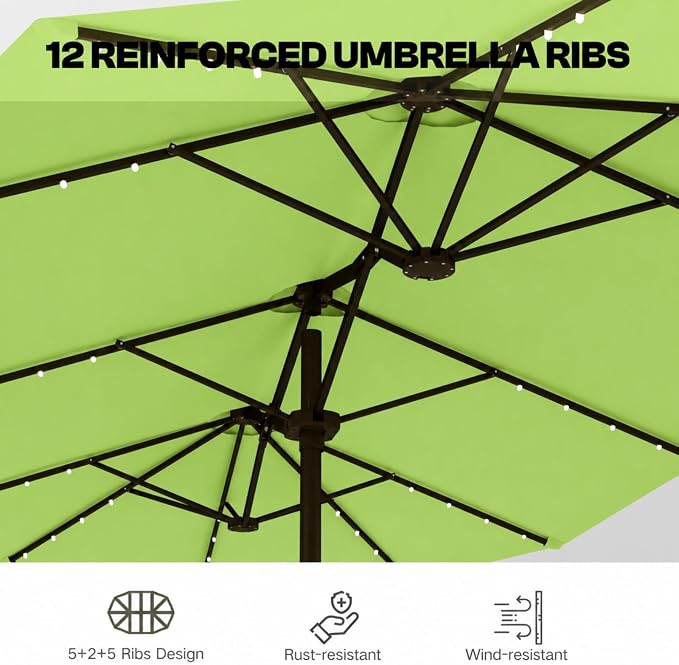 15ft Large Patio Umbrella with Solar Lights and Base, Double-Sided Outdoor Rectangle Umbrella with 48 LED Lights, Market Table Umbrellas with UV Resistant Canopy
