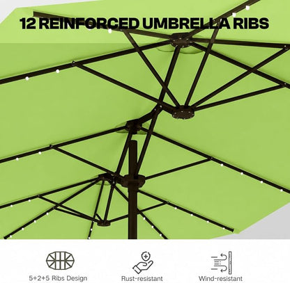 15ft Large Patio Umbrella with Solar Lights and Base, Double-Sided Outdoor Rectangle Umbrella with 48 LED Lights, Market Table Umbrellas with UV Resistant Canopy