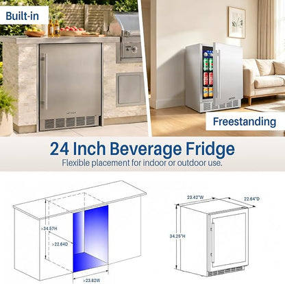 24 Inch Outdoor Beverage Refrigerator Holds Up to 180 Cans for Soda, Beer, Built-In or Freestanding Outdoor Fridge with Stainless Steel Door for Outdoor Kitchen, Patio, Home Bar