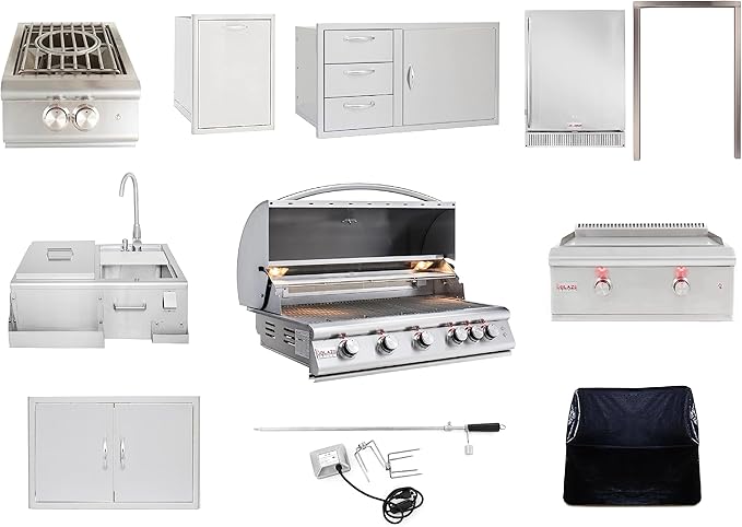 BLAZE BBQ Outdoor Package of 40” LTE Built-in Gas Grill, Gas Griddle, Gas Power Burner, Beverage Center, 39” Door &Three Drawers Combo, Trash Drawer, Double Access Door, Refrigerator, and Accessories