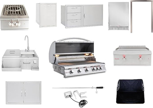 BLAZE BBQ Outdoor Package of 40” LTE Built-in Gas Grill, Gas Griddle, Gas Power Burner, Beverage Center, 39” Door &Three Drawers Combo, Trash Drawer, Double Access Door, Refrigerator, and Accessories