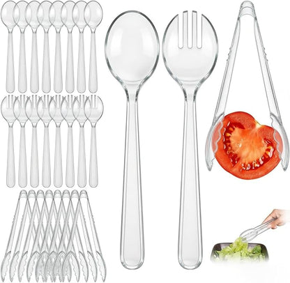 24 Pcs Clear Plastic Serving Utensils Set, Elegant Disposable Serving Spoons & Forks, Heavy Duty Party Tableware for Wedding, Birthday Party, Baby Shower, Buffet, Catering & Special Events