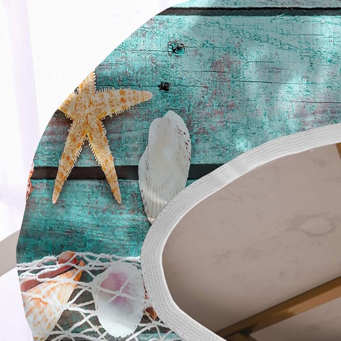 Wood Grain Fitted Tablecloth Oval, Ocean Mesh Starfish with Shells Elastic Edge Table Cover, Polyester Table Cloths for Indoor Outdoor Party Dinner Patio Decor, Fits Tables Up to 54 x76 in, Teal Blue
