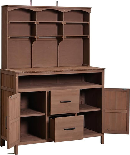 Merax 45.3" Large Outdoor Fir Wood Potting Bench with Storage, Multi-Functional Patio Kitchen Island with 6-Shelf Hutch+2 Cabinets+2 Drawers+3 Hooks, Garden Workstation for Planting, Gardening, Brown