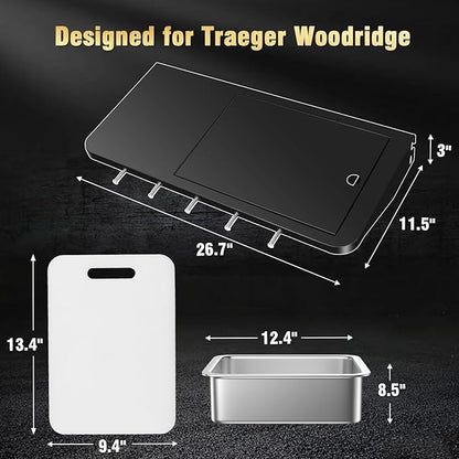 Upgraded Folding Front Shelf for Traeger Pro 22 & Pro 575, Ironwood 650 – All-in-One Grill Prep Table with Stainless Steel Basin, Cutting Board, Lid & 5 Hooks, Heavy-Duty Replacement for BAC362