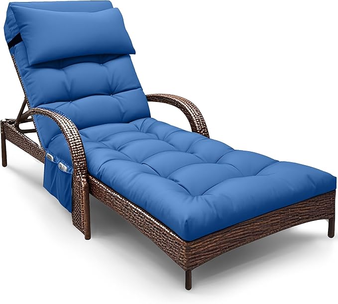 Outdoor Chaise Lounge Cushion, Waterproof Lounge Chair Cushion for Outdoor Furniture, 71 x 21 x 4 Inches Patio Cushion with Straps for Lawn Pool Furniture (Royal Blue, Lounge Chair Cushion)
