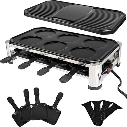 TAMARIT 8-Person Raclette Grill, Electric Party Griddle with Nonstick Grill and Crepe Plates, 8 Pans and Spatulas, 1500W (Indoor), Stainless Steel