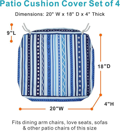 NettyPro Outdoor Cushion Slipcovers Waterproof 4 Pack Patio Chair Seat Cushion Covers with Zipper and Tie, 20 x 18 x 4 Inch, Replacement Cover Only, Stripes Blue