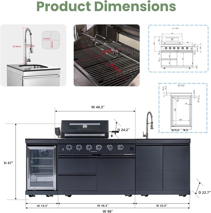 98" Rolling Outdoor Kitchen Island with Built-In 4 Burners 72,000 BTU Stainless Steel Gas Grill Featuring Rotisserie Oven,Granite Countertops,Beverage Fridge,Sink. (Black + Fridge + Sink, Propane Gas)