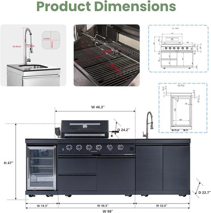 98" Rolling Outdoor Kitchen Island with Built-In 4 Burners 72,000 BTU Stainless Steel Gas Grill Featuring Rotisserie Oven,Granite Countertops,Beverage Fridge,Sink. (Black + Fridge + Sink, Propane Gas)
