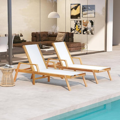 Tangkula Wood Chaise Lounge Chair Outdoor, Patio Sun Lounger with Adjustable Back, Acacia Wood Lounge Chair with Breathable Fabric for Poolside Lawn Backyard
