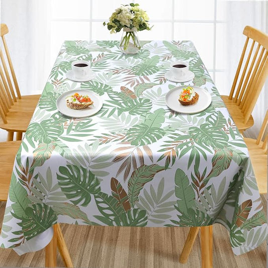 AIRCOWRIE Waterproof Vinyl Tablecloths, Heavy Duty Oil Spill Proof Plastic Table Cloth with Soft-Touch Finish, Wipe Clean PVC Table Cover for Indoor and Outdoor Use (Green Leaf, 54”×108”, Rectangle)