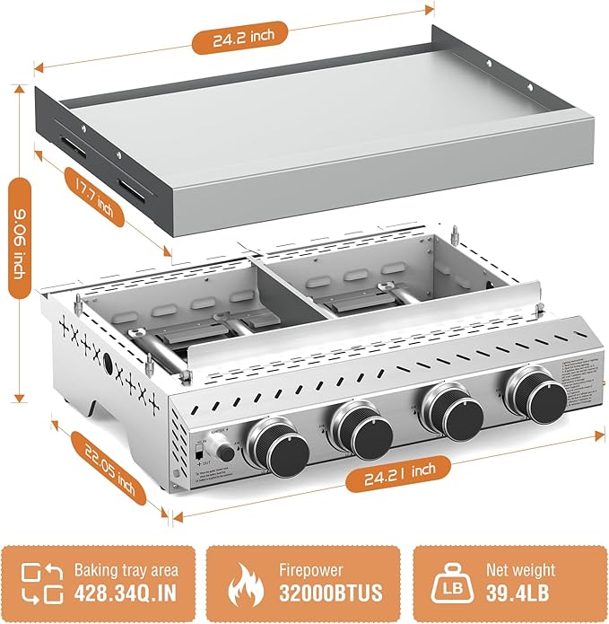 COWSAR Portable 4 Burners Stainless Steel BBQ Griddle, 32000 BTUS Propane Gas Grill with Uncoated and Non-stick Grids for Garden, Camping, Outdoor, Picnic