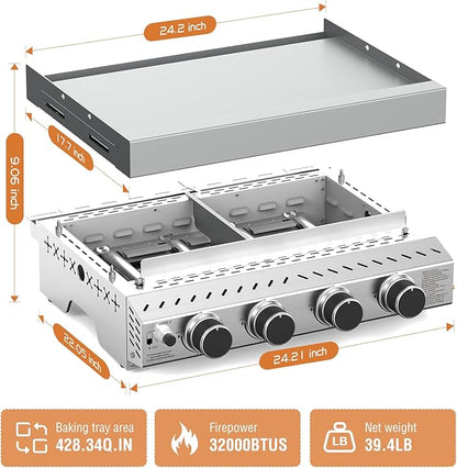 COWSAR Portable 4 Burners Stainless Steel BBQ Griddle, 32000 BTUS Propane Gas Grill with Uncoated and Non-stick Grids for Garden, Camping, Outdoor, Picnic