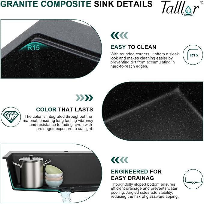 33 Inch Granite Composite Kitchen Sink - Matte Black Drop In Granite Kitchen Sink, Workstation Classic Quartz Top Mount Single Bowl Sinks Basin for Modern Kitchen, 33"x22" #TLGT-107