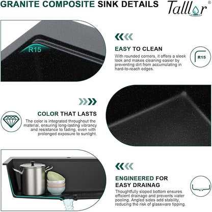 33 Inch Granite Composite Kitchen Sink - Matte Black Drop In Granite Kitchen Sink, Workstation Classic Quartz Top Mount Single Bowl Sinks Basin for Modern Kitchen, 33"x22" #TLGT-107