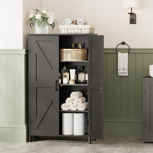 Homleke Farmhouse Bathroom Cabinet with Adjustable Shelves, Free-Standing Storage Cabinet with Barn Doors, for Kitchen, Living Room, Dining Room, Entryway, Black