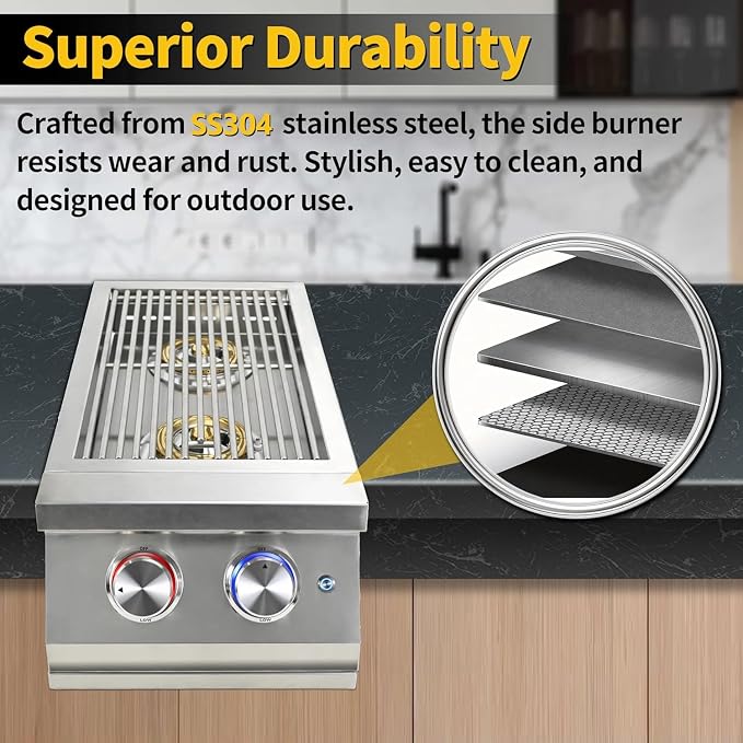 Double Side Burners for Outdoor Grill, Heavy-Duty 304 Stainless Steel | Built-in Side Burners with LED for Outdoor Kitchen BBQ Island, 2x17,000BTU Natural Gas Side Burner with Cast Brass Burner.