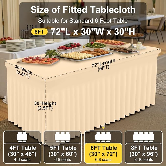 Smiry Spandex Elastic Fitted Table Cloth Skirt for 6FT Rectangle Table | Stretch Washable Table Cloth, Banquet Table Cover for Wedding, Party, Indoor & Trade Shows, (Ivory, 72Lx30Wx30H)
