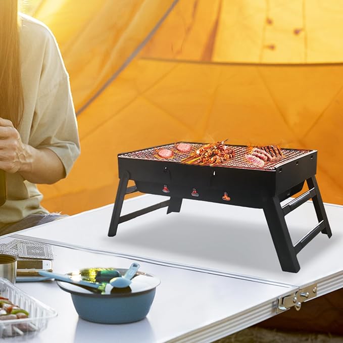 Portable Charcoal Grill for Camping Small Tabletop BBQ Grill for Picnic Trip Foldable Lightweight Barbeque Grill Set Including Tongs Gloves Scrubber (17''x12'')