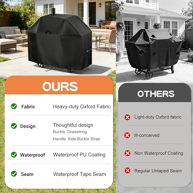 TheElves Grill Cover for Char-Griller 1733 Smokin Champ & CG30044223 Smokin Pro, 66" Outdoor Grill Covers Waterproof Heavy Duty for Barrel Grill Offset Smoker with Smoke Stack - 66" W x 29" D x 50" H