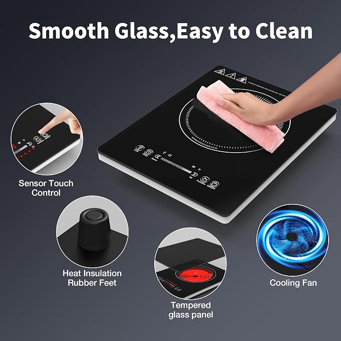 VBGK Single Burner Electric Cooktop,110V 1800W Electric Stove Top with LED Touch Control,8 Power Levels, 4HTimer, Safety Lock, portable cooktop Overheat protection