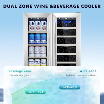Electactic Dual Zone Wine Cooler with Glass Door, 21 Bottles and 88 Cans Wine and Beverage Refrigerator, 4.4 cu.Ft 24 Inch Built in or Under Counter Wine Fridge with LED Light, Two Door Lock