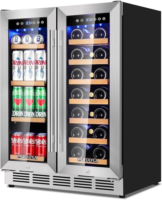24 Inch Wine and Beverage Refrigerator Dual Zone Wine Fridge Beverage Cooler Large Capacity Holds 88 Cans and 20 Bottles, Built-In or Freestanding with Glass Door for Kitchen, Home Bar