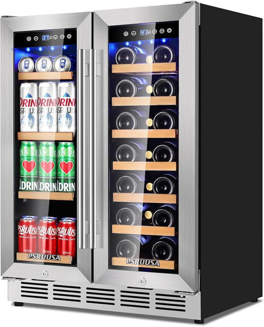 24 Inch Wine and Beverage Refrigerator Dual Zone Wine Fridge Beverage Cooler Large Capacity Holds 88 Cans and 20 Bottles, Built-In or Freestanding with Glass Door for Kitchen, Home Bar
