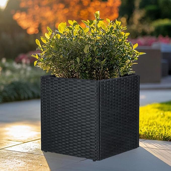 SUNNYPARK Black Square Planter Box Rattan for Outdoors 17x17x18inch | All-Weather, Handmade PE Rattan, Removable Liner, Indoor Outdoor, Patio Porch Garden, Modern Design for Plants Flowers