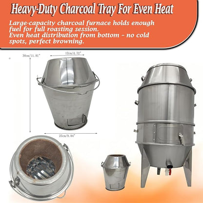 3-Tier Commercial Charcoal Duck Roaster, 23.6"x53" Stainless Steel BBQ Oven with Oil-Water Separation, Adjustable Ventilation, Roasts 6 Ducks per Batch for Restaurant Food Market