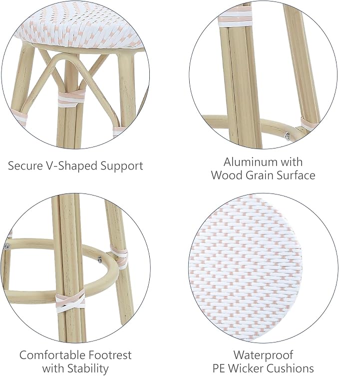Seadrift Boho 30-inch Aluminum and All-Weather Wicker Barstools with Footrest, Patio Stools & Bar Chairs for Outdoor, Kitchen Counter, Poolside, Yard, Set of 2, White and Pink