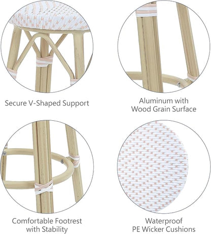 Seadrift Boho 26-inch Aluminum and All-Weather Wicker Barstools with Footrest, Patio Stools & Bar Chairs for Outdoor, Kitchen Counter, Poolside, Yard, Set of 2, White and Pink